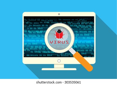 Magnifying Glass scanning and identifying a computer virus. Anti virus protection and computer security concept. PC. vector one zero. scan. technology digital website internet web