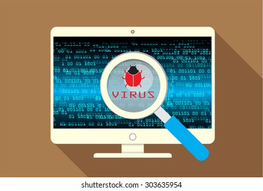 Magnifying Glass scanning and identifying a computer virus. Anti virus protection and computer security concept. PC. vector one zero. scan. technology digital website internet web
