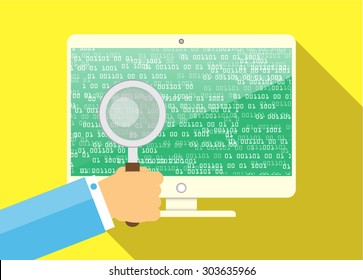 Magnifying Glass scanning and identifying a computer virus. Anti virus protection and computer security concept. PC. vector one zero. scan. technology digital website internet web