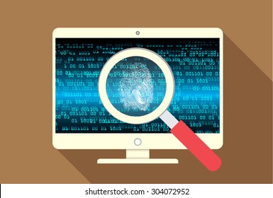 Magnifying Glass scanning and identifying a computer virus. Antivirus protection and computer security concept. vector green screen PC. finger-print scan. fingerprint 