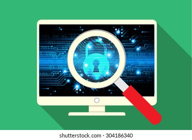 Magnifying Glass scanning and identifying a computer virus. Antivirus protection and computer security concept. vector green screen PC. lock, key. Padlock