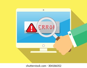 Magnifying Glass scanning and identifying a computer virus. Antivirus protection and computer security concept. vector green screen PC. error