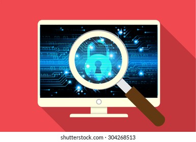 Magnifying Glass scanning and identifying a computer virus. Antivirus protection and computer security concept. vector green screen PC. lock, key. Padlock