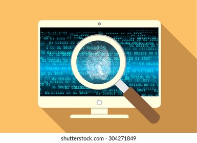 Magnifying Glass scanning and identifying a computer virus. Antivirus protection and computer security concept. vector green screen PC. finger-print scan. fingerprint 