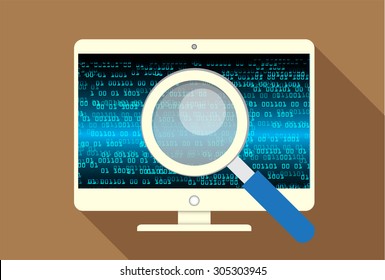 Magnifying Glass scanning and identifying a computer virus. Anti virus protection and computer security concept. PC. vector one zero. scan. technology digital website internet web