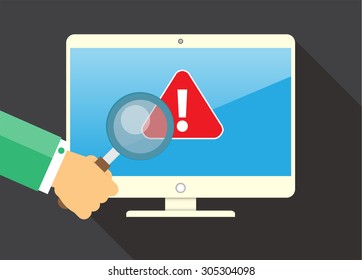 Magnifying Glass scanning and identifying a computer virus. Anti virus protection and computer security concept. PC. vector one zero. scan. technology digital website internet web