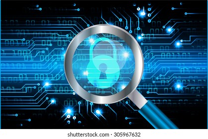 Magnifying Glass scanning and identifying a computer virus. Antivirus protection and computer security concept. PC.vector one zero. scan.technology website internet web. blue screen. lock,key.Padlock