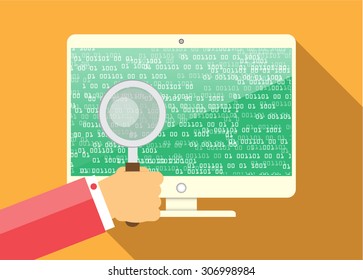 Magnifying Glass scanning and identifying a computer virus. Anti virus protection and computer security concept. PC. vector one zero. scan. technology digital website internet web