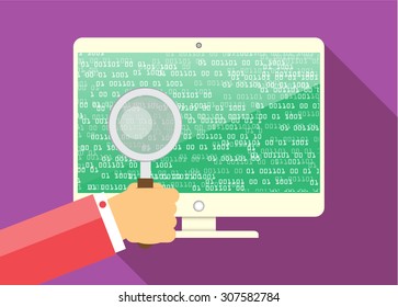 Magnifying Glass scanning and identifying a computer virus. Anti virus protection and computer security concept. PC. vector one zero. scan. technology digital website internet web
