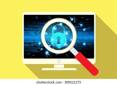 Magnifying Glass scanning and identifying a computer virus. Anti virus protection and computer security concept. PC.vector one zero. scan.technology website internet web. pink screen. lock,key.Padlock