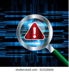 Magnifying Glass scanning and identifying a computer virus. Antivirus protection and computer security concept. PC. vector one zero. scan. technology digital website internet web