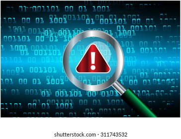 Magnifying Glass scanning and identifying a computer virus. Antivirus protection and computer security concept. PC. vector one zero. scan. technology digital website internet web