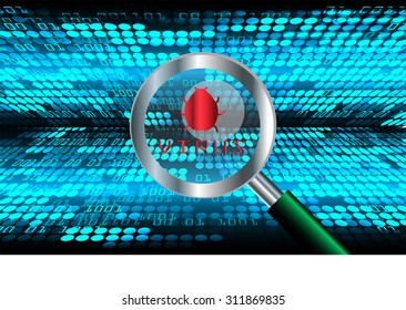 Magnifying Glass scanning and identifying a computer virus. Antivirus protection and computer security concept. PC. vector one zero. scan. technology digital website internet web.World map. global
