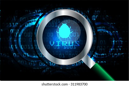 Magnifying Glass scanning and identifying a computer virus. Antivirus protection and computer security concept. PC. vector one zero. scan. technology digital website internet web
