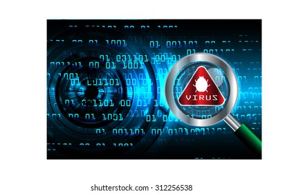 Magnifying Glass scanning and identifying a computer virus. Antivirus protection and computer security concept. PC. vector one zero. scan. technology digital website internet web