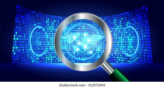 Magnifying Glass scanning and identifying a computer virus. Antivirus protection and computer security concept. PC. vector one zero. scan. technology digital website internet web. World Map, Global