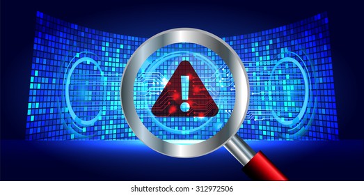 Magnifying Glass scanning and identifying a computer virus. Antivirus protection and computer security concept. PC. vector one zero. scan. technology digital website internet web