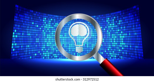 Magnifying Glass scanning and identifying a computer virus. Antivirus protection computer security concept. PC. vector. scan. technology digital website internet web. Brainstorm, Brain. lamp idea