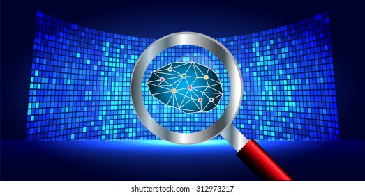 Magnifying Glass scanning and identifying a computer virus. Antivirus protection and computer security concept. PC. vector one zero. scan. technology digital website internet web. Brainstorm, Brain