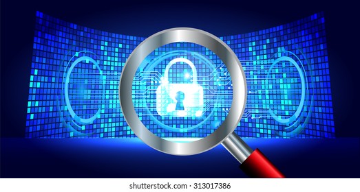 Magnifying Glass scanning and identifying a computer virus. Antivirus protection and computer security concept. PC. vector one zero. scan. technology digital website internet web.  lock, key, Padlock