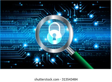 Magnifying Glass scanning and identifying a computer virus. Antivirus protection and computer security concept. PC. vector one zero. scan. technology digital website internet web. lock, key, Padlock