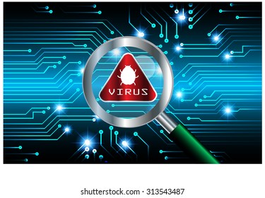 Magnifying Glass scanning and identifying a computer virus. Antivirus protection and computer security concept. PC. vector one zero. scan. technology digital website internet web.