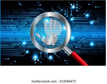 Magnifying Glass scanning and identifying a computer virus. Antivirus protection and computer security concept. PC. vector one zero. scan. technology digital website internet web.scanning. Hand print.
