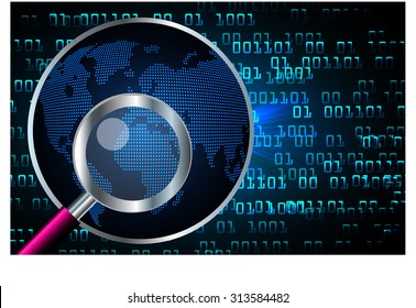 Magnifying Glass scanning and identifying a computer virus. Antivirus protection and computer security concept. PC. vector one zero. scan. technology digital website internet web. World Map, Global