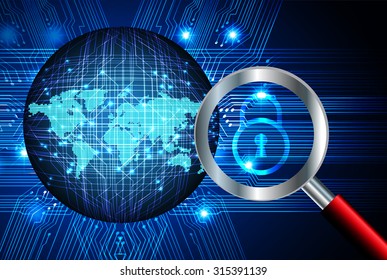 Magnifying Glass scanning and identifying a computer virus. Antivirus protection and computer security concept. PC. vector one zero. scan. technology digital website internet web.  lock, key, Padlock