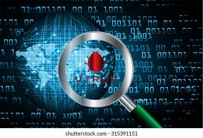Magnifying Glass scanning and identifying a computer virus. Antivirus protection and computer security concept. PC. vector one zero. scan. technology digital website internet web. World Map, Global.