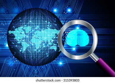 Magnifying Glass scanning and identifying a computer virus. Antivirus protection and computer security concept. PC. vector one zero.scan.technology digital. World Map, Global. Brainstorm, Brain. Ideas