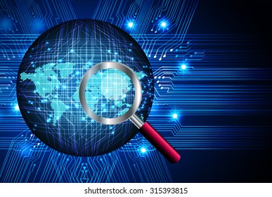 Magnifying Glass scanning and identifying a computer virus. Antivirus protection and computer security concept. PC. vector one zero. scan. technology digital website internet web. World Map, Global.