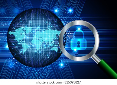 Magnifying Glass scanning and identifying a computer virus. Antivirus protection and computer security concept. PC. vector one zero. scan. technology digital website internet web. lock, key, Padlock