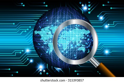 Magnifying Glass scanning and identifying a computer virus. Antivirus protection and computer security concept. PC. vector one zero. scan. technology digital website internet web. World Map, Global.