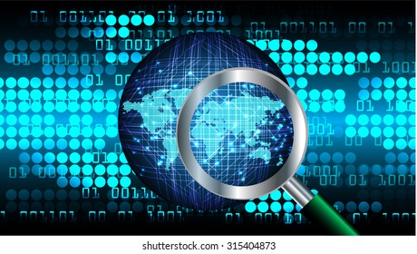 Magnifying Glass scanning and identifying a computer virus. Antivirus protection and computer security concept. PC. vector one zero. scan. technology digital website internet web. World Map, Global.