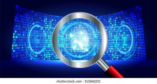 Magnifying Glass scanning and identifying a computer virus. Antivirus protection and computer security concept. PC. vector one zero. scan. technology digital website internet web finger