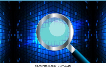 Magnifying Glass scanning and identifying a computer virus. Antivirus protection security concept. PC. vector. scan. technology digital website internet web.