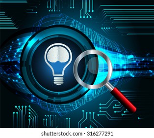 Magnifying Glass scanning and identifying a computer virus. Antivirus protection and computer security concept. PC. vector one zero.scan.technology digital. Brainstorm, Brain. Ideas