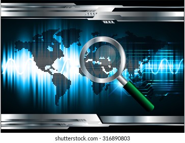 Magnifying Glass scanning and identifying a computer virus. Antivirus protection and computer security concept. PC. vector one zero. scan. technology digital website internet web. World Map, Global