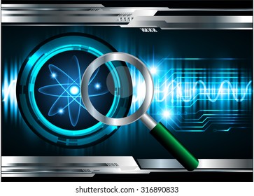 Magnifying Glass scanning and identifying a computer virus. Antivirus protection and computer security concept. PC. vector one zero. scan. technology digital website internet web. atom