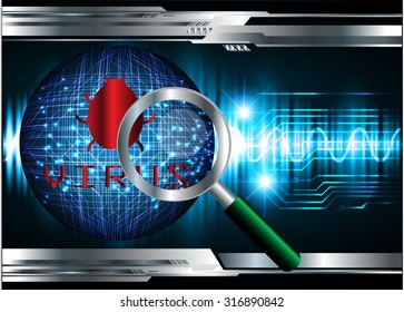 Magnifying Glass scanning and identifying a computer virus. Antivirus protection and computer security concept. PC. vector one zero. scan. technology digital website internet web.