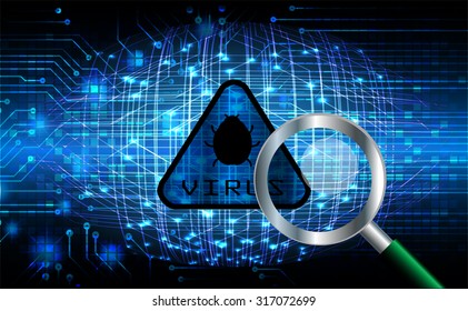Magnifying Glass scanning and identifying a computer virus. Antivirus protection and computer security concept. PC. vector one zero. scan. technology digital website internet web.