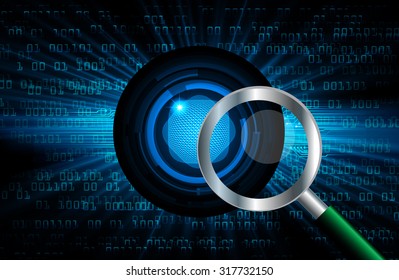 Magnifying Glass scanning and identifying a computer virus. Antivirus protection and computer security concept. PC. vector one zero. scan. technology digital website internet web. eye