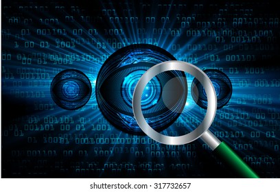 Magnifying Glass scanning and identifying a computer virus. Antivirus protection and computer security concept. PC. vector one zero. scan. technology digital website internet web. eye