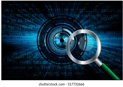 Magnifying Glass scanning and identifying a computer virus. Antivirus protection and computer security concept. PC. vector one zero. scan. technology digital website internet web. eye