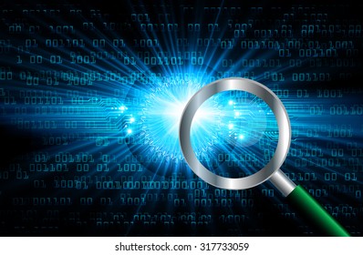 Magnifying Glass scanning and identifying a computer virus. Antivirus protection and computer security concept. PC. vector one zero. scan. technology digital website internet web. 