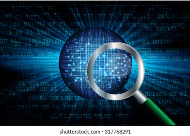 Magnifying Glass scanning and identifying a computer virus. Antivirus protection and computer security concept. PC. vector one zero. scan. technology digital website internet web. 