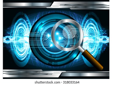 Magnifying Glass scanning and identifying a computer virus. Antivirus protection and computer security concept. PC. vector one zero. scan. technology digital website internet web.