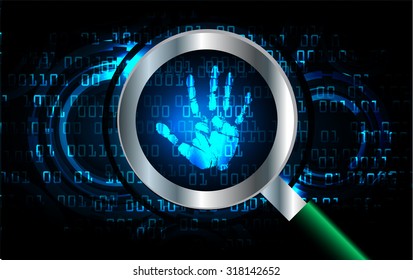 Magnifying Glass scanning and identifying a computer virus. Antivirus protection and computer security concept. PC. vector one zero. scan. technology digital website internet web.scanning. Hand print.