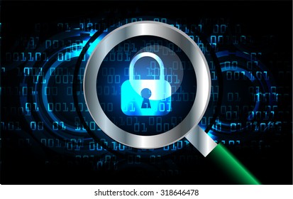 Magnifying Glass scanning and identifying a computer virus. Antivirus protection and computer security concept. PC. vector one zero. scan. technology digital website internet web. lock, key, Padlock